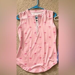 Pink Palm Trees and white stripped sleeveless polo top